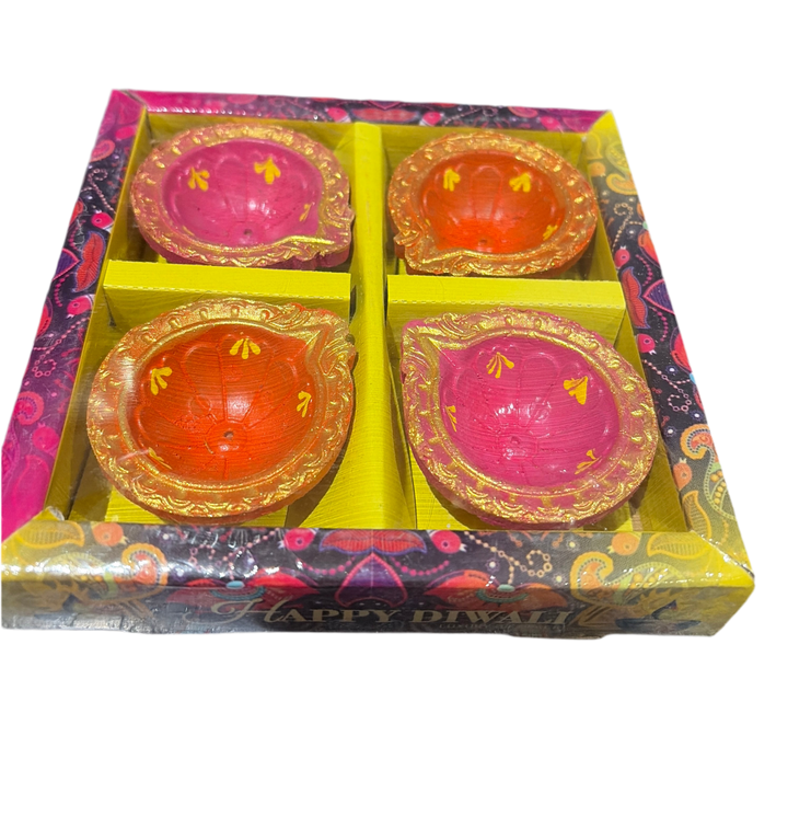 Designer Diya Unwaxed Coloured Design 2 (Pack of 4)