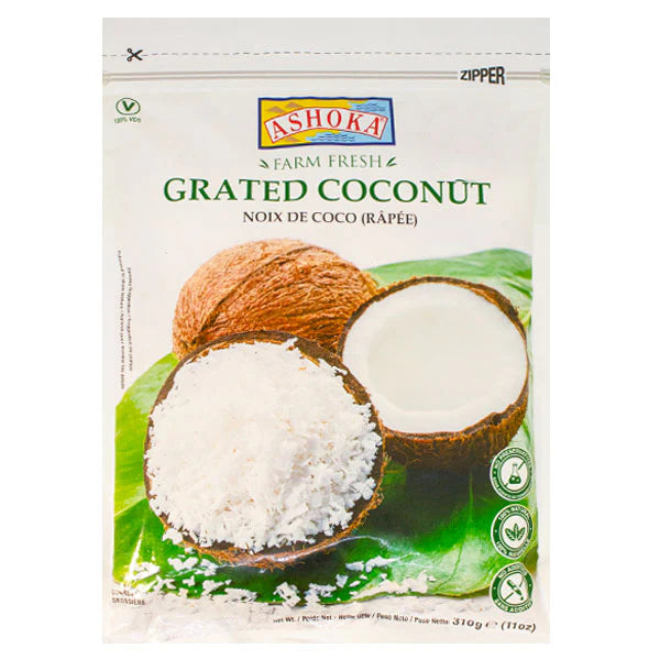 Ashoka Farm Fresh Frozen Grated Coconut 310g – white resealable zipper pouch with fresh coconut imagery, vegan certified, ready-to-use grated coconut UK