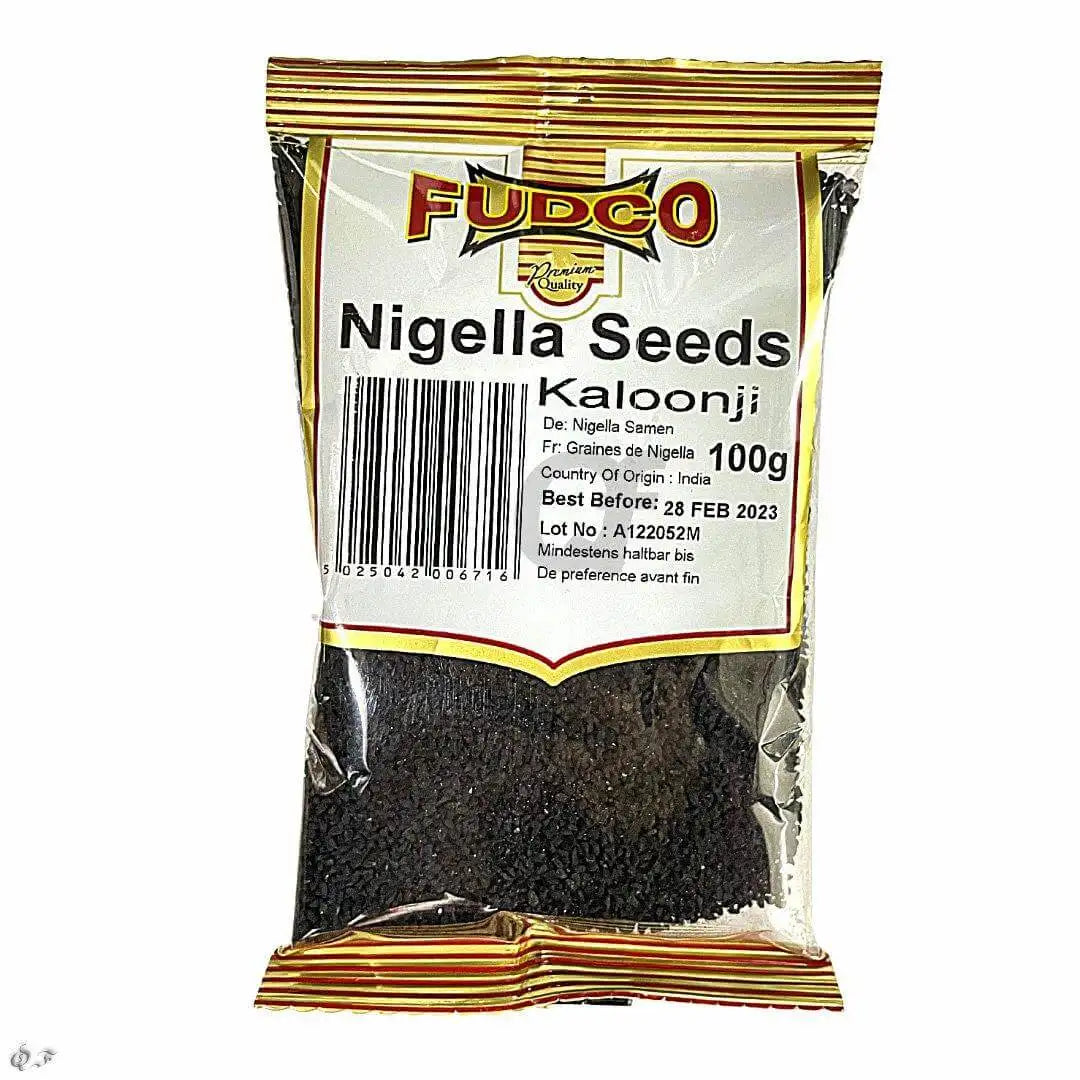 Fudco Nigella Seeds Kalonji 100g – gold and red striped Fudco Premium Quality branded clear pouch of whole black kalonji seeds, origin India, nigella for naan and panch phoron, UK