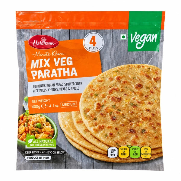 Haldiram's Mix Veg Paratha frozen 4 pieces 400g front packet on white background