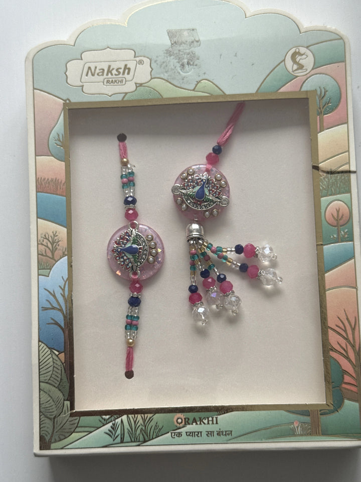 Bhaiya Bhabhi Peacock Rakhi Set (Pink)