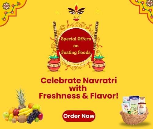 Promotional banner for Navratri celebration with fruits, basket of items, and decorative elements on a yellow background.