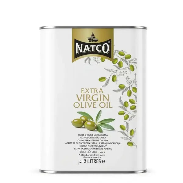 Natco Extra Virgin Olive Oil 2L – white rectangular tin with gold Natco branding and olive branch design, cold-pressed cooking oil UK