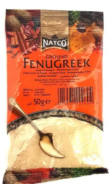Natco Ground Fenugreek Powder 50g – orange branded packet of methi powder with spoon, by Natco UK
