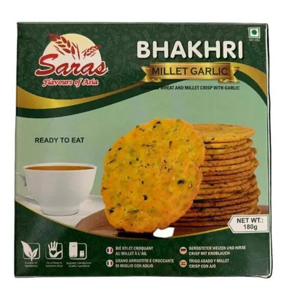 Saras Bhakhri Bajra Garlic 180g – Crispy Pearl Millet Garlic Flatbread Snack | Grocerywala UK