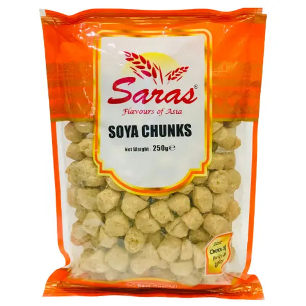 Saras Soya Chunks 250g – orange Flavours of Asia branded packet with visible dried soya chunks, high-protein meat alternative UK
