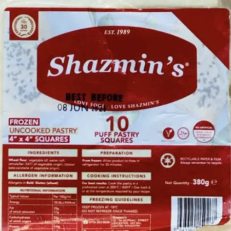 Shop Shazmin Puff Pastry 4"X4" (10 pcs) - 380g at Grocerywala