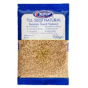 Topop Natural Sesame Till Seeds 100g – blue and cream Topop branded clear pouch of whole unhulled natural til seeds, sesame for tahini, stir-fries and bread topping, UK
