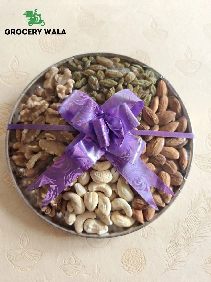 Rakhi Dry Fruit Gift Tray Small with cashews, walnuts, almonds and raisins