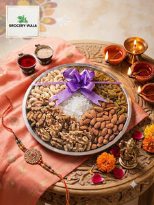 Rakhi Dry Fruit Gift Tray with cashews, walnuts, almonds, raisins and mishri