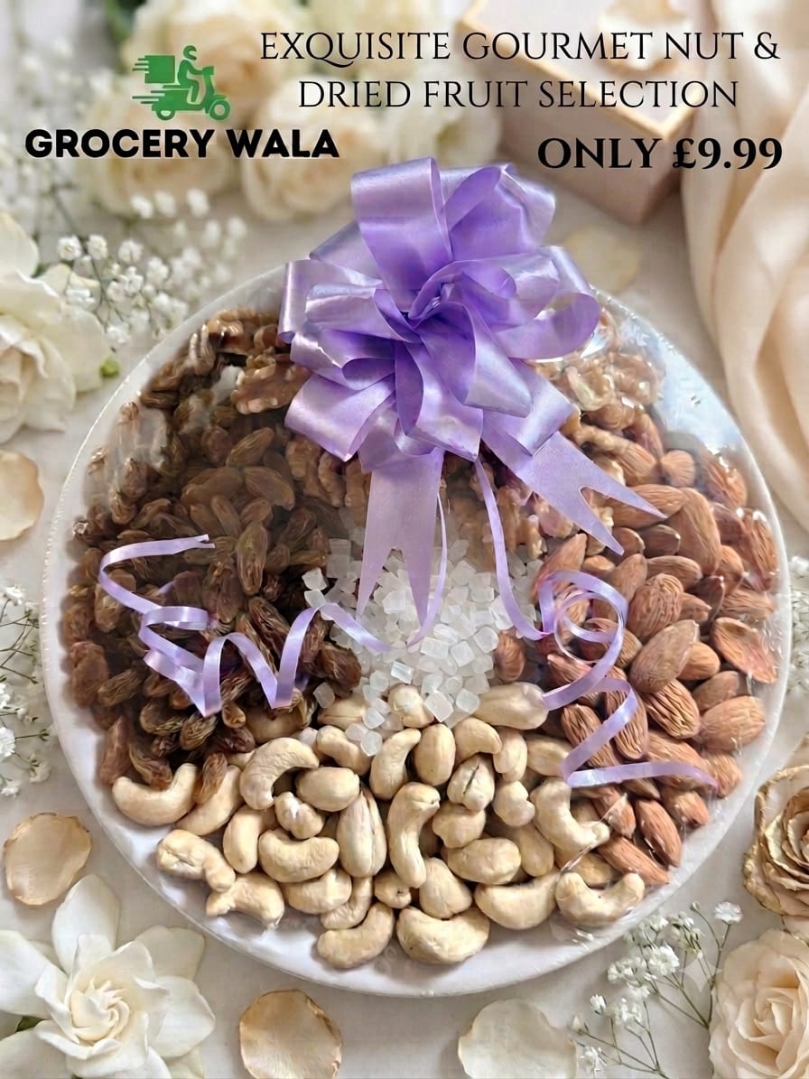Exquisite gourmet nut and dried fruit selection on a ceramic plate with purple satin ribbon bow — cashews, almonds, brown raisins and sugar crystals