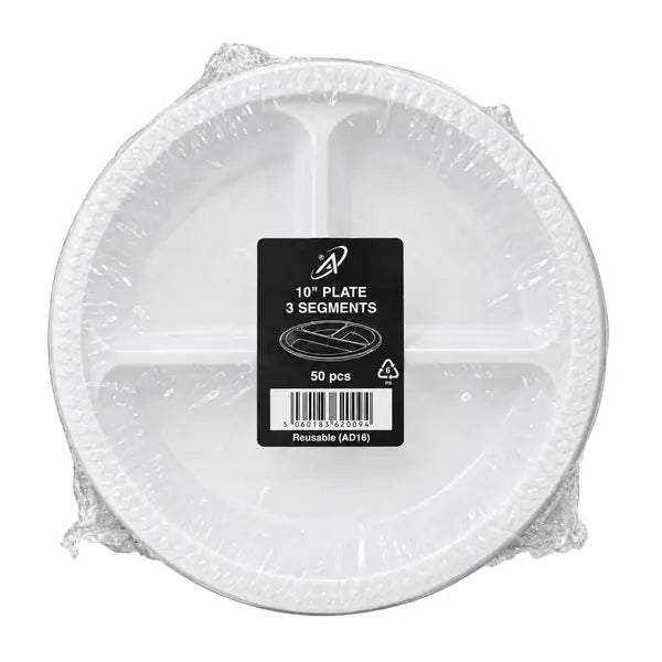 AD16 white three-compartment reusable plates, 10 inch, pack of 50