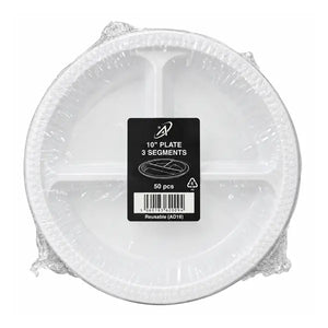 AD16 white three-compartment reusable plates, 10 inch, pack of 50