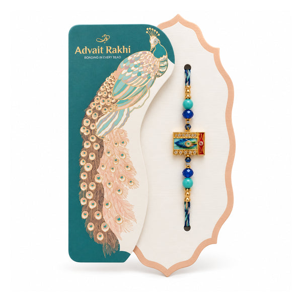 Advait Mor Pankh Rakhi with peacock design on white background