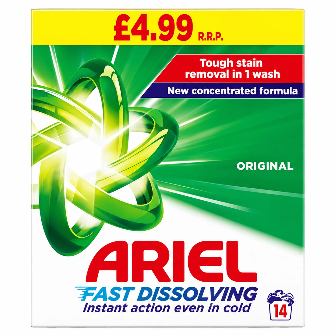 ariel washing powder 14 washes pack on a white background