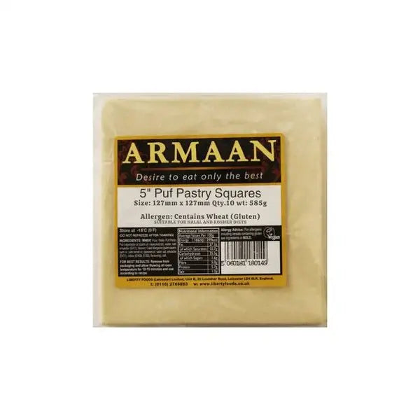 Armaan frozen puff pastry squares 5 inch 10 pieces 585g pack