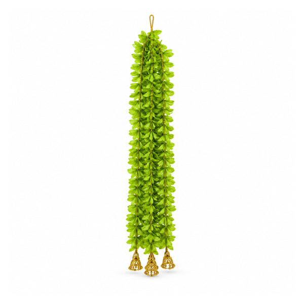 Artificial green leaf and golden beads hanging, one 33-inch string on white background