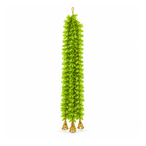 Artificial green leaf and golden beads hanging, one 33-inch string on white background