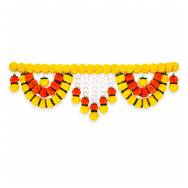 Yellow and orange artificial marigold toran, 39 inch on white background
