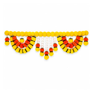 Yellow and orange artificial marigold toran, 39 inch on white background