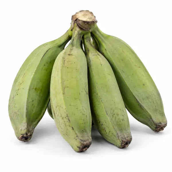Fresh green ash plantains, 500g, on a white background