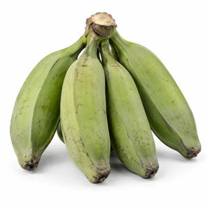 Fresh green ash plantains, 500g, on a white background