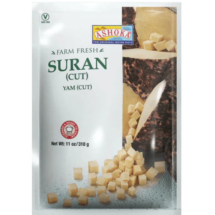 Ashoka Suran (Yam) Cut Frozen - 310g retail pack on a white background