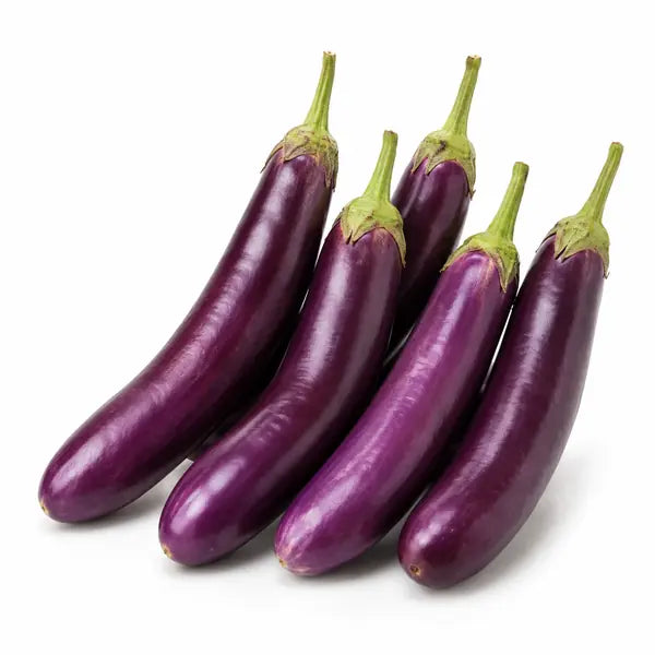 Fresh long ravaya aubergines on a white background