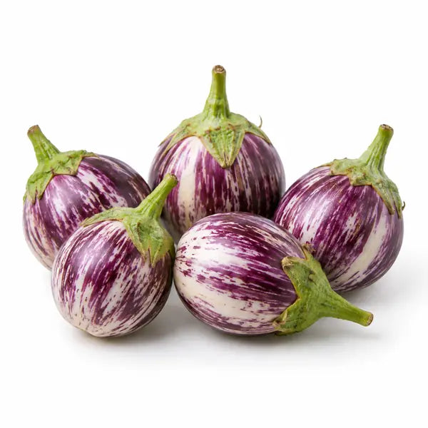 Fresh striped aubergines on a white background