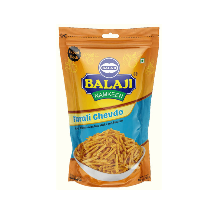 Balaji Farali Chevdo 400g in an orange and blue resealable pouch