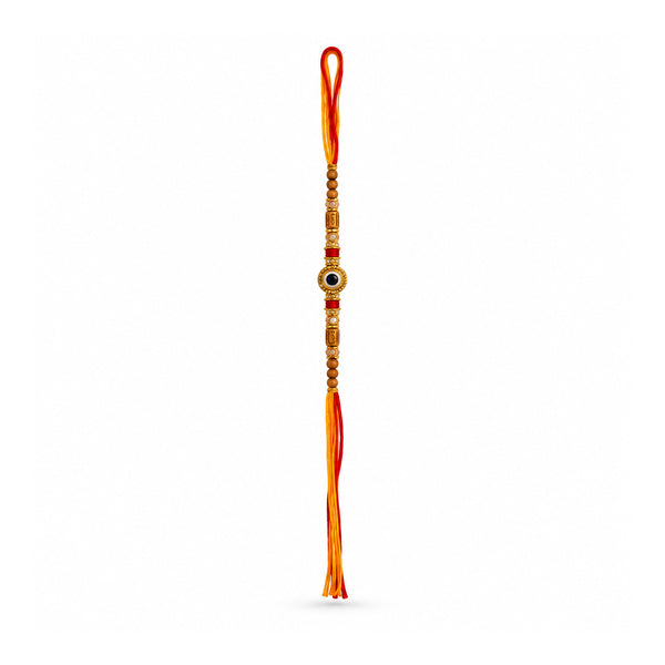 Beads Evil Eye Rakhi with red and orange thread on white background