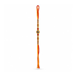 Beads Evil Eye Rakhi with red and orange thread on white background