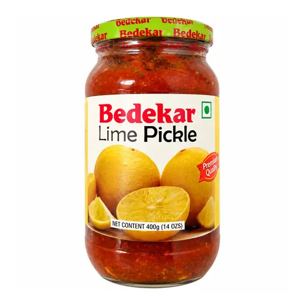 Bedekar Lime Pickle 400g jar with green lid and lime label on a white background