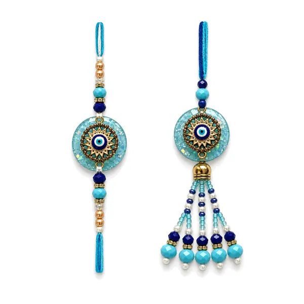 Aqua Feng Shui Bhaiya Bhabhi Rakhi set with evil eye motifs