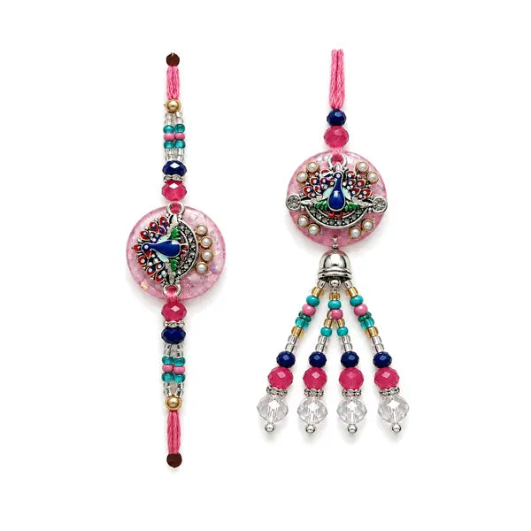 Pink peacock Bhaiya Bhabhi Rakhi set with aligned beaded Lumba