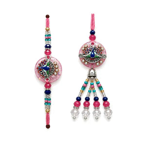 Pink peacock Bhaiya Bhabhi Rakhi set with aligned beaded Lumba