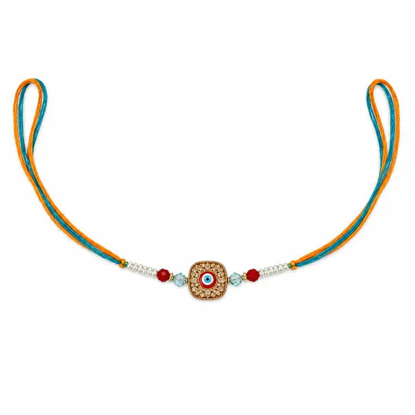 Blue and Orange Evil Eye Rakhi with decorative charm