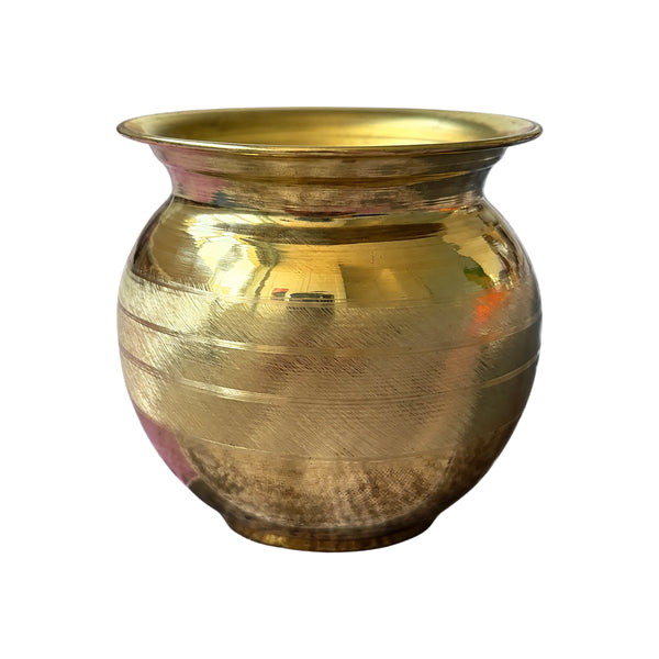 Small brass Kalash Indian pooja lota centred on white background