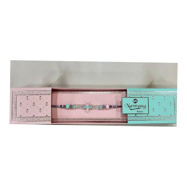 Chandni Bandhan Rakhi in pink and aqua Navrang gift box
