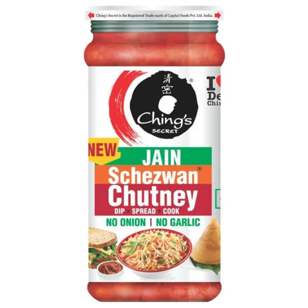 Chings Jain Schezwan Chutney 250g jar, no onion and no garlic, front label