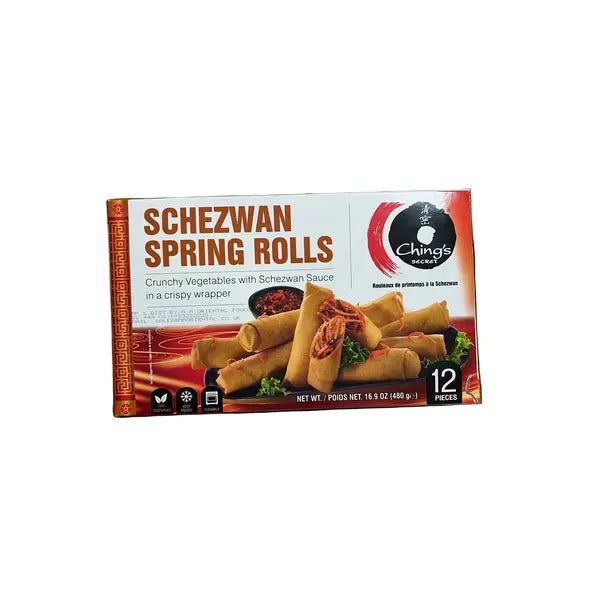 Chings Schezwan Spring Rolls frozen 12-piece 480g box on white