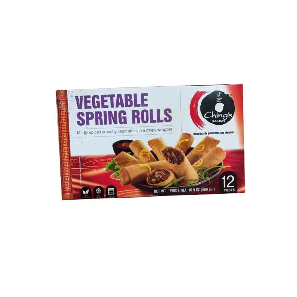 Chings Vegetable Spring Rolls frozen 12-piece 480g box on white