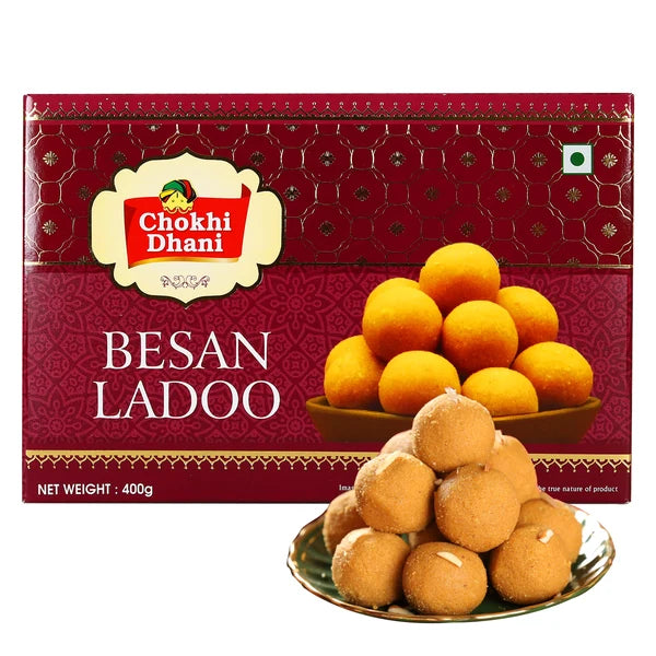 Chokhi Dhani Besan Ladoo 400g box with ladoo sweets