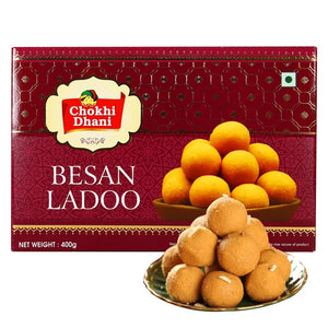 Chokhi Dhani Besan Ladoo 400g box with ladoo sweets
