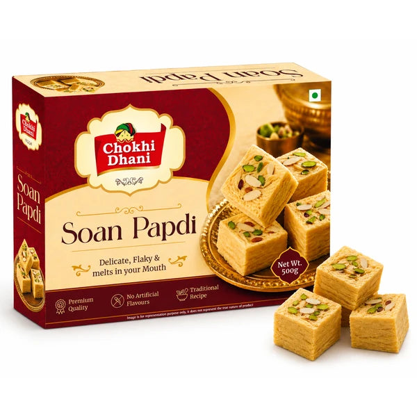 Chokhi Dhani Soan Papdi 500g box with flaky Indian sweets