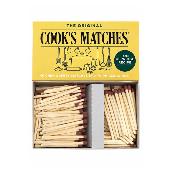 Cook’s Original kitchen safety matches box with long matches open on white background