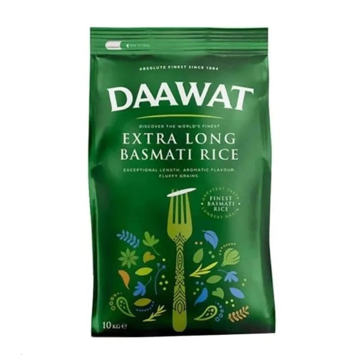 daawat basmati rice extra long 10kg pack on a white background