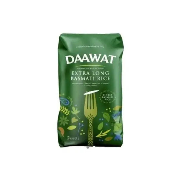 Daawat extra long basmati rice 2kg bag on white background