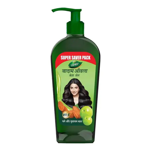 Dabur Almond and Amla Hair Oil 600ml pump bottle on white background