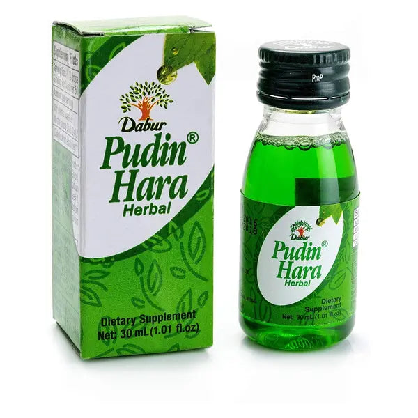 Dabur Pudin Hara herbal liquid 30ml bottle and box on white